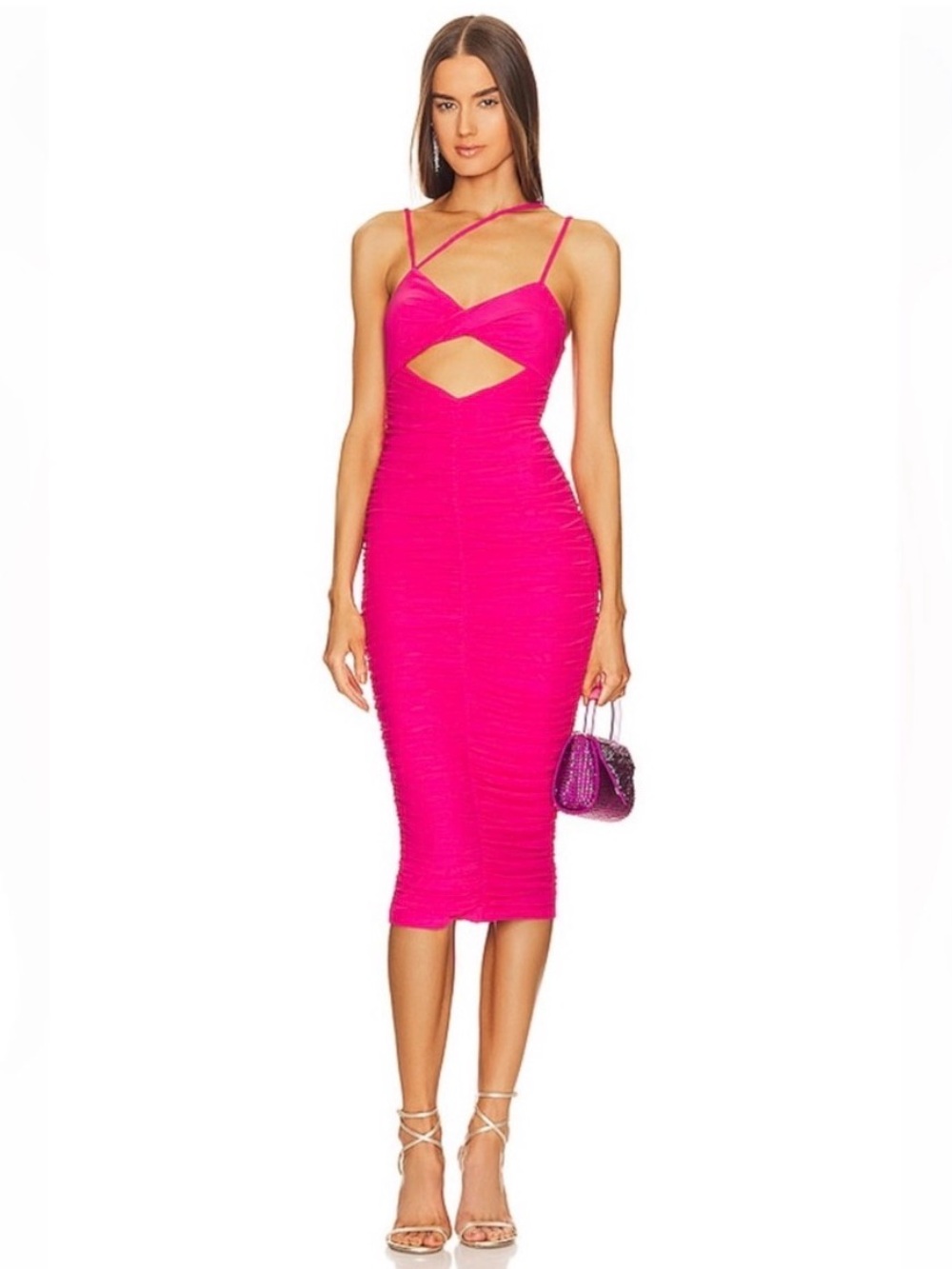 Michael Costello x REVOLVE Davie Midi Dress Hot Pink Small Ruched Cutout Bodycon